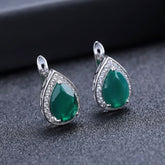 Natural Green Agate Soleste Halo Pear Shape Silver Studs Earrings for Women